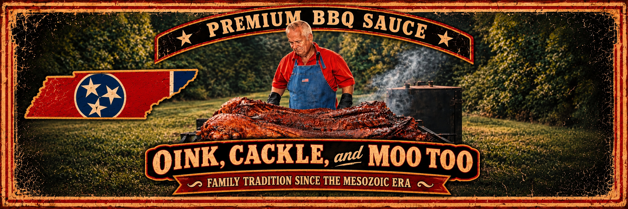 Oink, Cackle, and Moo Too premium BBQ sauce: Tennessee pitmaster, whole smoked hog, Tennessee state flag, and the family tradition since the Mesozoic Era