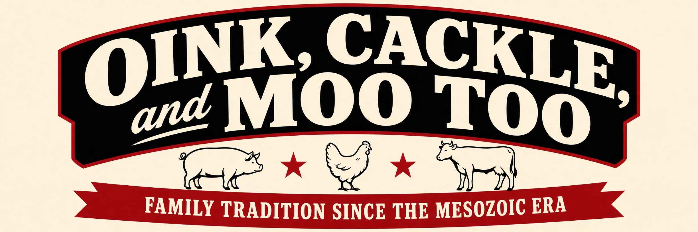 Oink, Cackle, and Moo Too logo with pig, hen, and cow woodcut artwork